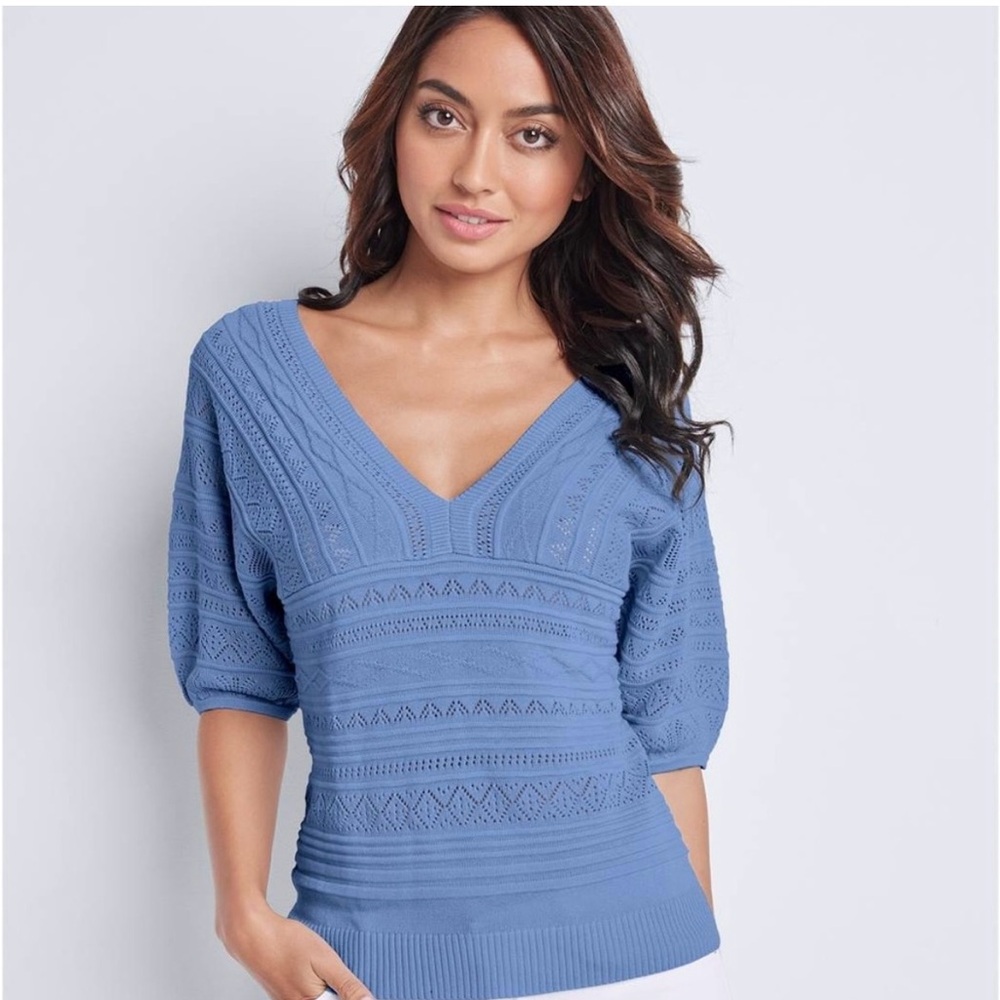 VENUS Short Sleeve Knit Sweater V-Neck / V-Back | Carolina Tarheel Blue! | M